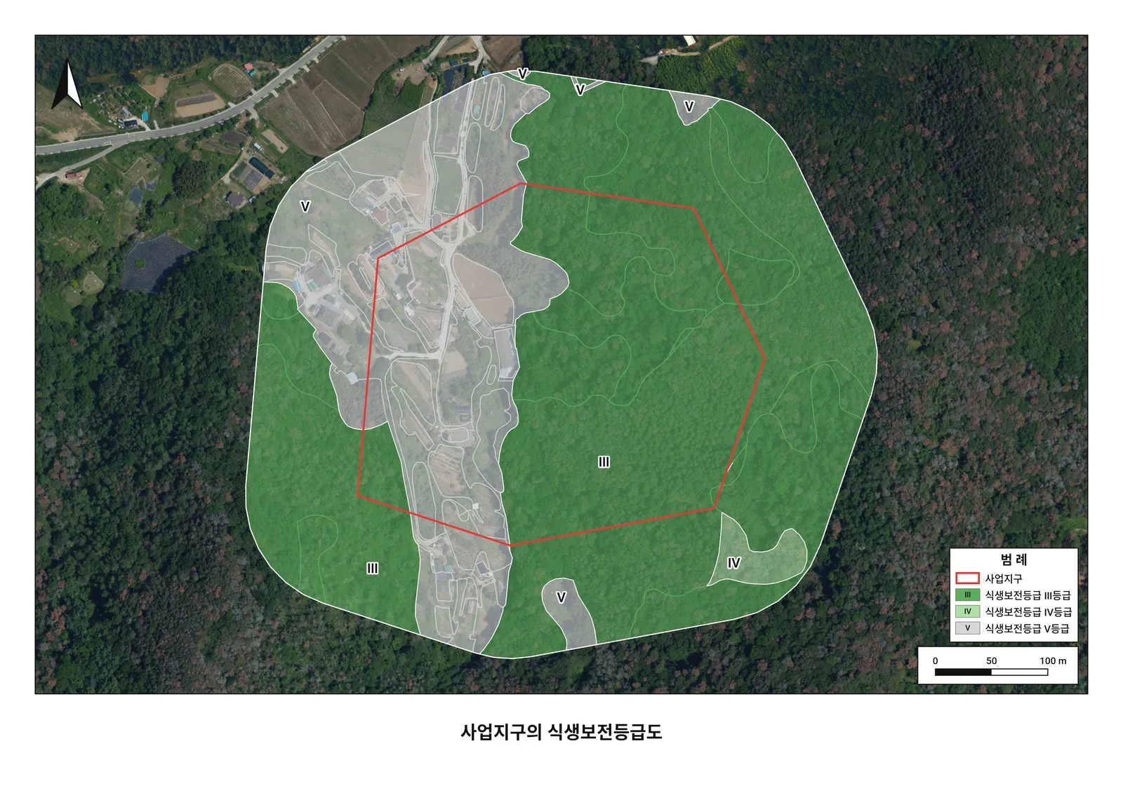 앱에서 내보낸 사업지구의 식생보전등급도 그림. Ⅲ·Ⅳ·Ⅴ등급 구역과 범례, 축척이 들어가 있다
